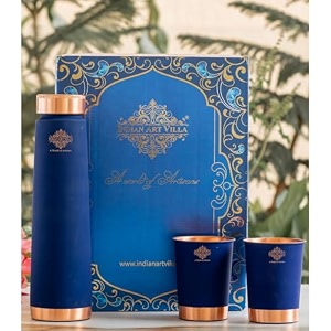 indian art villa copper drinkware black silk finish set of 2 glass and 1 bottle volume - glass 300 ml bottle 1000 ml