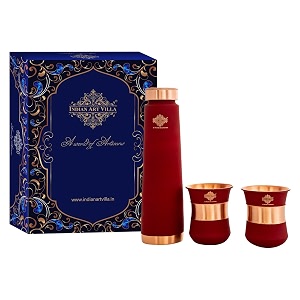 indian art villa copper bottle amp glass set - 800 ml water bottle amp 2 glasses 300 ml each with red pyramid ombre silk finish perfect for gifting amp everyday use