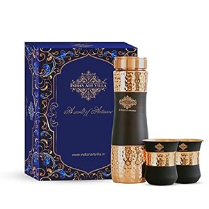 indian art villa copper bottle amp glass gift set - 800 ml water bottle amp 2 glasses 300 ml each - peacock blue pyramid ombre silk finish perfect for gifting amp everyday use