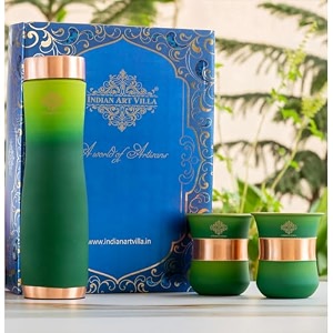 indian art villa copper bottle amp glass gift set - 950 ml water bottle amp 2 glasses 300 ml each - pure copper with green ombre silk finish perfect for gifting amp everyday use