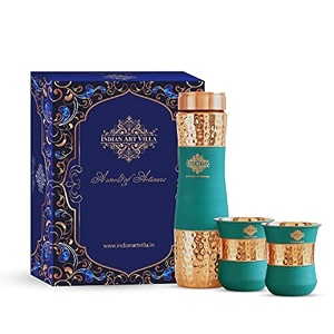 indian art villa copper drinkware in green silk finish set of 2 glass and 1 bottle volume - glass 300 ml bottle 1000 ml