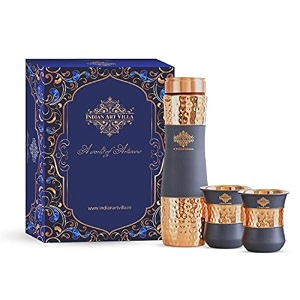 indian art villa copper drinkware in grey silk finish set of 2 glass and 1 bottle volume - glass 300 ml bottle 1000 ml