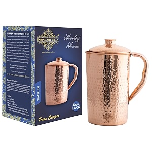 indian art villa copper hammered jug with lid for drinkware volume - 1500 ml