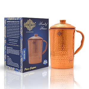 indian art villa copper hammered jug with lid for drinkware volume - 1700 ml
