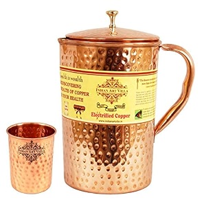 indian art villa pure copper hammered water jug pitcher with glass set 2000 ml jug 275 ml glass copper drinkware for drinking water home kitchen dining restaurant hotel amp gifting