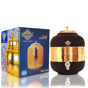 indian art villa half hammered with silk finish copper water pot in black color volume - 17 ltr