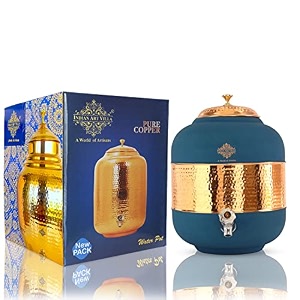 indian art villa half hammered with silk finish copper water pot in blue color volume - 13 ltr