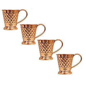 indian art villa pure copper bucket shaped diamond hammered design moscow mule beer mug cup best for beer cocktail parties barware volume-450ml set of 4