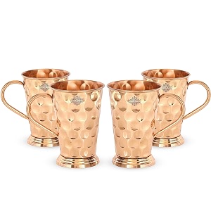 indian art villa pure copper long bucket shaped hammered design moscow mule beer mug cup best for beer cocktail parties barware volume-450ml set of 4