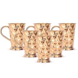 indian art villa pure copper long bucket shaped hammered design moscow mule beer mug cup best for beer cocktail parties barware volume-450ml set of 6