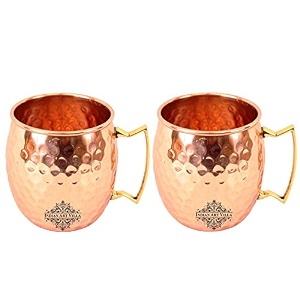 indian art villa pure copper round shaped shine hammered design moscow mule beer mug cup best for beer cocktail parties barware volume-530ml set of 2