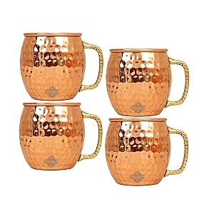 indian art villa pure copper round shaped bimbled hammered design moscow mule beer mug cup best for beer cocktail parties barware volume-600ml set of 4