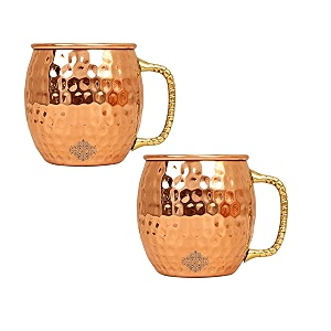 indian art villa pure copper round shaped bimbled hammered design moscow mule beer mug cup best for beer cocktail parties barware volume-600ml set of 2