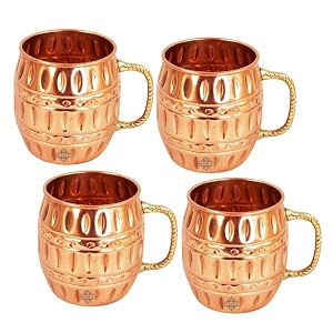 indian art villa pure copper round barrel shaped design moscow mule beer mug cup best for beer cocktail parties barware volume-530ml set of 4