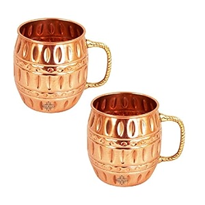 indian art villa pure copper round barrel shaped design moscow mule beer mug cup best for beer cocktail parties barware volume-530ml set of 2