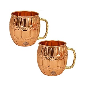 indian art villa pure copper round shaped barrel design moscow mule beer mug cup best for beer cocktail parties barware volume-600ml set of 2