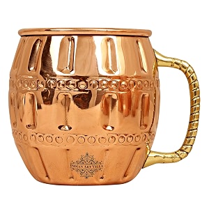 indian art villa pure copper round shaped barrel design moscow mule beer mug cup best for beer cocktail parties barware volume-600ml