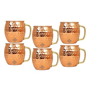 indian art villa pure copper round shaped bimbled hammered design moscow mule beer mug cup best for beer cocktail parties barware volume-600ml set of 6