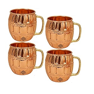 indian art villa pure copper round shaped barrel design moscow mule beer mug cup best for beer cocktail parties barware volume-600ml set of 4