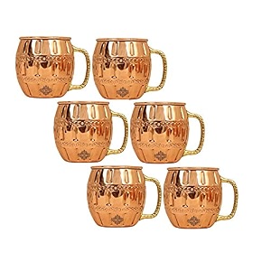 indian art villa pure copper round shaped barrel design moscow mule beer mug cup best for beer cocktail parties barware volume-600ml set of 6