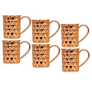 indian art villa pure copper straight shaped diamond design moscow mule beer mug cup best for beer cocktail parties barware volume-500ml set of 6