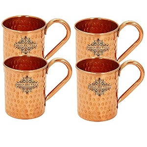 indian art villa pure copper straight shaped hammered design moscow mule beer mug cup best for beer cocktail parties barware volume-415ml set of 4