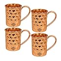 INDIAN ART VILLA Pure Copper Straight Shaped Diamond Design Moscow Mule Beer Mug Cup, Best for Beer Cocktail Parties, Barware, Volume-500ML, Pack of 4