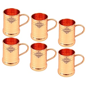 indian art villa pure copper tankard shaped ringed design moscow mule beer mug cup best for beer cocktail parties barware volume-600ml set of 6
