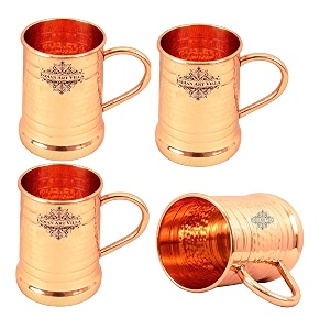 indian art villa pure copper tankard shaped ringed design moscow mule beer mug cup best for beer cocktail parties barware volume-600ml set of 4