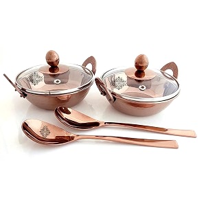 indian art villa serving set of stainless steel with rose gold finish hammered design 2 kadhai with lids amp 2 serving spoon 6 pieces set
