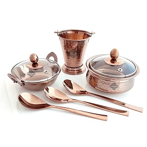 indian art villa serving set of stainless steel with rose gold finish hammered design handi with lid kadhai with lid bucket amp 3 serving spoon 8 pieces set