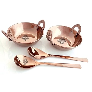 indian art villa serving set of stainless steel with rose gold finish hammered design 2 kadhai amp 2 serving spoon 4 pieces set