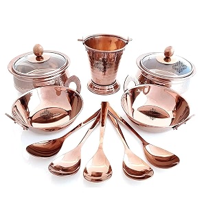 indian art villa serving set of stainless steel with rose gold finish hammered design 2 handi with lids 2 kadhai bucket amp 5 serving spoon 12 pieces set