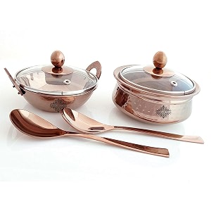 indian art villa serving set of stainless steel with rose gold finish hammered design handi with lid kadhai with lid amp 2 serving spoon 6 pieces set