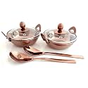 Indian Art Villa Serving Set of Stainless Steel with Rose Gold Finish Hammered Design 2 Kadhai with Lids &amp; 2 Serving Spoon, 6 Pieces Set