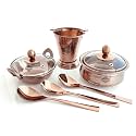 Indian Art Villa Serving Set of Stainless Steel with Rose Gold Finish Hammered Design Handi with Lid, Kadhai with Lid, Bucket & 3 Serving Spoon, 8 Pieces Set