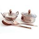 Indian Art Villa Serving Set of Stainless Steel with Rose Gold Finish Hammered Design Handi with Lid, Kadhai with Lid & 2 Serving Spoon, 6 Pieces Set