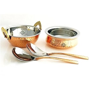 indian art villa serving set of steel copper hammered design handi kadhai amp 2 serving spoon 4 pieces set