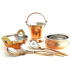 indian art villa serving set of steel copper hammered design handi bucket kadhai amp 3 serving spoon 6 pieces set