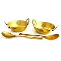 Indian Art Villa Serving Set of Steel with Brass Finish Hammered Design 2 Kadhai, 2 Serving Spoons, 4 Pieces Set