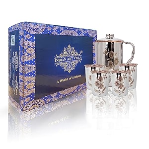 indian art villa steel copper drinkware gift set of lasered floral design 1 jug amp 4 glass with blue box gift item for diwali bithday amp parties jug-15 litre amp glass-300 ml