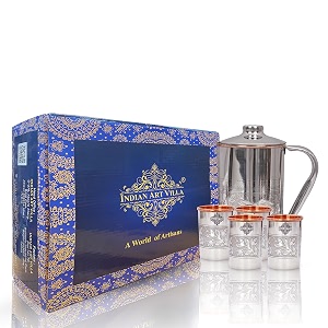 indian art villa steel copper drinkware gift set of embossed design 1 jug amp 4 glass with blue box gift item for diwali bithday amp parties jug-15 litre amp glass-300 ml