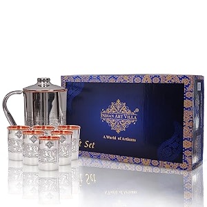 indian art villa steel copper drinkware gift set of embossed design 1 jug amp 6 glass with blue box gift item for diwali bithday amp parties jug-15 litre amp glass-300 ml