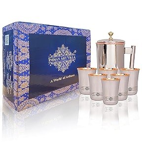 indian art villa steel copper drinkware gift set of mirror line design 1 jug amp 2 glass with blue box gift item for diwali bithday amp parties jug-15 litre amp glass-300 ml