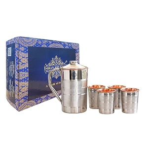 indian art villa steel copper luxury jug with 4 glasses gift set  durable and elegant drinkware ayurvedic health benefits perfect for home gifting festivals and special occasions
