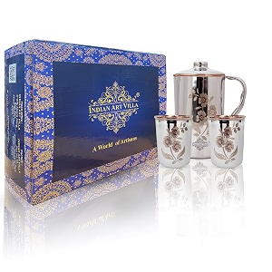 indian art villa steel copper drinkware gift set of lasered floral design 1 jug amp 2 glass with black gift box gifting item for diwali bithday amp parties jug-15 litre amp glass-300 ml