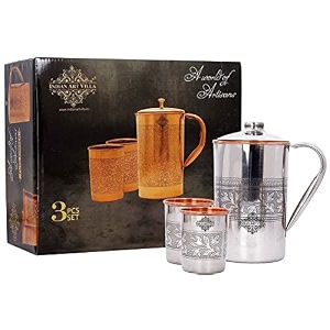 indian art villa steel copper drinkware gift set of embossed design 1 jug amp 2 glass with blue box gift item for diwali bithday amp parties jug-15 litre amp glass-300 ml