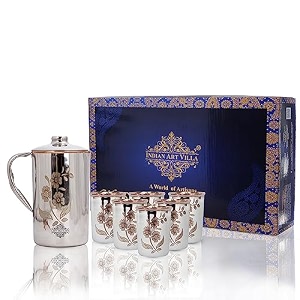 indian art villa steel copper drinkware gift set of lasered floral design 1 jug amp 6 glass with blue box gift item for diwali bithday amp parties jug-15 litre amp glass-300 ml