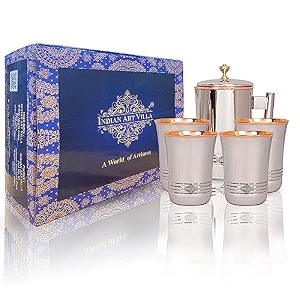 indian art villa steel copper drinkware gift set of mirror line design 1 jug amp 4 glass with blue box gift item for diwali bithday amp parties jug-15 litre amp glass-300 ml