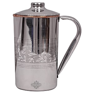 indian art villa steel copper embossed design jug pitcher with lid storage amp serving water beneficial for health volume-1500 ml